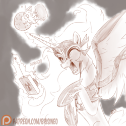 Size: 2160x2160 | Tagged: safe, artist:brisineo, daybreaker, alicorn, pony, g4, explosion, eyes closed, female, high res, mare, monochrome, moon, mushroom cloud, patreon, patreon logo, remote, sketch, smiling, solo