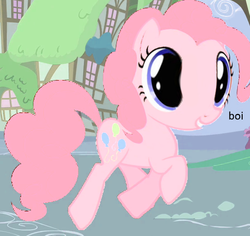 Size: 509x480 | Tagged: safe, edit, edited screencap, screencap, pinkie pie, earth pony, pony, g4, boi, cropped, female, i dont even know, inflated head, meme, prancing, solo