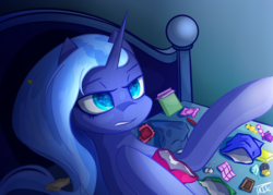 Size: 7000x5000 | Tagged: safe, artist:those kids in the corner, princess luna, alicorn, pony, g4, absurd resolution, annoyed, bed, candy, chips, dark, eyes open, female, food, glowing, messy, reaching, shading, snacks, solo, speedpaint
