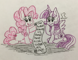 Size: 700x537 | Tagged: safe, artist:pink-pone, pinkie pie, twilight sparkle, alicorn, earth pony, pony, g4, breaking the fourth wall, duo, female, hoof hold, mare, question mark, raised hoof, scroll, sitting, traditional art, twilight sparkle (alicorn)