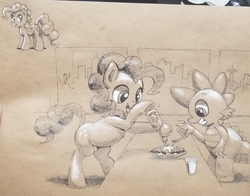 Size: 2891x2268 | Tagged: safe, artist:gsphere, pinkie pie, spike, dragon, pony, g4, bipedal, bipedal leaning, duo, female, food, grayscale, high res, hoof hold, hot sauce, leaning, male, mare, monochrome, skyline, traditional art