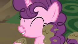Size: 1280x720 | Tagged: safe, screencap, sugar belle, pony, unicorn, g4, the break up breakdown, ^^, eyes closed, female, laughing, mare, mud, muddy, nose wrinkle, solo