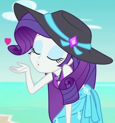 Size: 897x958 | Tagged: safe, screencap, rarity, equestria girls, g4, my little pony equestria girls: better together, blowing a kiss, clothes, cropped, cute, eyes closed, female, hat, kissing, raribetes, sarong, solo, sun hat, swimsuit