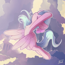 Size: 2200x2200 | Tagged: safe, artist:freeedon, flitter, pegasus, pony, g4, bow, chest fluff, ear fluff, eyes closed, female, flying, hair bow, high res, mare, sky, solo, spread wings, wings