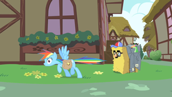 Size: 1280x720 | Tagged: safe, screencap, gummy, pinkie pie, rainbow dash, pegasus, pony, g4, party of one, clothes, coat, disguise, female, glasses, groucho mask, hat, hay, house, mare, ponyville, saddle bag, shocked