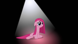 Size: 1280x720 | Tagged: safe, screencap, pinkie pie, earth pony, pony, g4, party of one, floppy ears, light, mouth on side of face, pinkamena diane pie, sad, sitting, solo, spotlight, straight mane, tail, wavy mouth