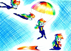 Size: 2416x1732 | Tagged: safe, artist:liaaqila, rainbow dash, equestria girls, g4, clothes, commission, cute, dashabetes, jumpsuit, parachute, sequence, skydiving, traditional art