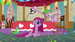 Size: 1280x720 | Tagged: safe, screencap, gummy, pinkie pie, spike, pony, g4, party of one, season 1, balloon, chair, confetti, curtains, great moments in animation, light, pinkamena diane pie, pinkie's room, rug, sad, table, tablecloth