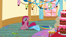 Size: 1280x720 | Tagged: safe, screencap, madame leflour, pinkie pie, rainbow dash, earth pony, pegasus, pony, g4, party of one, cake, confetti, curtains, duo, female, food, hat, lantern, mare, paper lantern, party hat, pinkamena diane pie, pinkie's room, rainbowseat, rug, sitting on head, stool, table