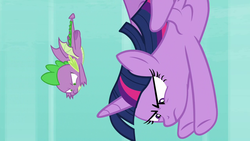Size: 1280x720 | Tagged: safe, screencap, spike, twilight sparkle, alicorn, dragon, pony, g4, molt down, determined, dive bomb, diving, female, flying, frown, glare, mare, twilight sparkle (alicorn), winged spike, wings