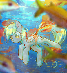 Size: 2584x2800 | Tagged: safe, artist:mirroredsea, derpy hooves, fish, jellyfish, pegasus, pony, g4, blushing, bubble, coral, crepuscular rays, feather, female, flowing mane, flowing tail, folded wings, high res, mare, ocean, seaweed, smiling, solo, sunlight, swimming, tail, underwater, water, wings