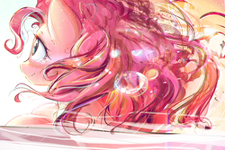 Size: 3712x2487 | Tagged: safe, artist:mirroredsea, pinkie pie, earth pony, pony, g4, bust, crying, female, high res, looking away, looking up, mare, portrait, smiling, solo, wallpaper
