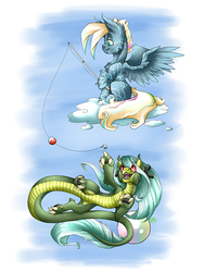 Size: 576x768 | Tagged: safe, artist:bluekite-falls, artist:sky-railroad, oc, oc only, unnamed oc, dragon, original species, pegasus, pony, cloud, dragon oc, fishing, fishing rod, hooves, male, on a cloud, pearl, simple background, sitting on a cloud, spread wings, stallion, stripes, wings