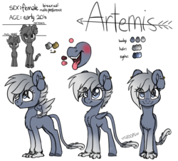Size: 2200x2000 | Tagged: safe, artist:spoops, artist:spoopygander, oc, oc only, oc:artemis, hippogriff, ponygriff, bisexual, blushing, ear piercing, earring, fangs, female, front view, high res, hind hooves, jewelry, paws, piercing, reference sheet, side view, signature, simple background, size comparison, tail, three quarter view, tongue out, white background, wings
