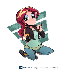 Size: 4264x5008 | Tagged: dead source, safe, artist:ohiekhe, sunset shimmer, human, equestria girls, g4, absurd resolution, clothes, female, humanized, jacket, kneeling, pants, shirt, simple background, solo