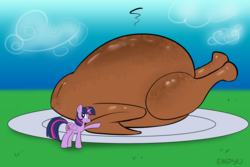 Size: 1000x667 | Tagged: safe, artist:empyu, twilight sparkle, alicorn, bird, pony, roc, g4, molt down, cooked, dish, female, food, mare, pointing, smiling, solo, twilight sparkle (alicorn)