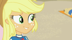 Size: 883x496 | Tagged: safe, edit, edited screencap, screencap, applejack, rarity, equestria girls, g4, lost and found, my little pony equestria girls: better together, animated, cute, dialogue, ear piercing, female, gif, implied kissing, jackabetes, lesbian, piercing, raribetes, ship:rarijack, shipping, subtitles, text