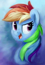 Size: 2341x3347 | Tagged: safe, artist:aemuhn, rainbow dash, pony, g4, abstract background, bust, female, high res, looking away, mare, portrait, smiling, solo