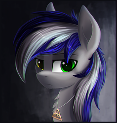 Size: 1412x1488 | Tagged: safe, artist:atlas-66, oc, oc only, oc:herpy, pony, abstract background, amulet, bust, chest fluff, frown, jewelry, looking at you, male, necklace, portrait, solo, stallion