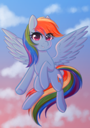 Size: 3145x4438 | Tagged: safe, artist:fluffymaiden, rainbow dash, pegasus, pony, g4, cute, cutie mark, dashabetes, female, flying, looking at you, smiling, solo, spread wings, underhoof, wings