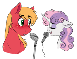 Size: 805x616 | Tagged: safe, artist:saphi-boo, big macintosh, sweetie belle, g4, blushing, bust, eyes closed, female, male, microphone, older, older sweetie belle, ship:sweetiemac, shipping, simple background, straight, transparent background