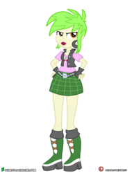 Size: 3090x4000 | Tagged: safe, artist:dieart77, cherry crash, equestria girls, g4, background human, boots, clothes, ear piercing, earring, female, jewelry, legs, looking at you, miniskirt, patreon, patreon logo, piercing, plaid skirt, shoes, simple background, skirt, solo, transparent background