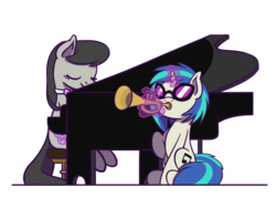Size: 1800x1350 | Tagged: safe, artist:flutterluv, dj pon-3, octavia melody, vinyl scratch, earth pony, pony, unicorn, g4, duo, eyes closed, female, glowing horn, horn, mare, musical instrument, piano, simple background, sunglasses, transparent background, trumpet