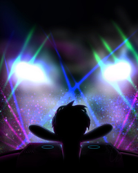 Size: 4961x6200 | Tagged: safe, artist:theravencriss, dj pon-3, vinyl scratch, pony, unicorn, g4, absurd resolution, backlighting, crowd, female, lights, rear view, silhouette, solo focus, turntable