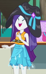 Size: 381x608 | Tagged: safe, screencap, rarity, equestria girls, g4, my little pony equestria girls: better together, the salty sails, clothes, cropped, eyes closed, female, hat, laughing, lifejacket, rarity's blue sarong, sarong, solo, sun hat, swimsuit, wet, wet hair