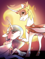 Size: 600x800 | Tagged: safe, artist:azaleagreypone, daybreaker, princess celestia, alicorn, pony, g4, female, looking at each other, mare, scratching, smiling, smirk