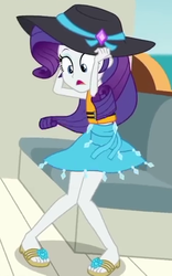 Size: 341x546 | Tagged: safe, screencap, rarity, equestria girls, g4, my little pony equestria girls: better together, the salty sails, clothes, cropped, feet, female, flip-flops, hat, legs, lifejacket, rarity's blue sarong, sandals, sarong, solo, sun hat, swimsuit