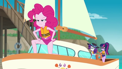 Size: 1280x720 | Tagged: safe, screencap, pinkie pie, rarity, sci-twi, twilight sparkle, equestria girls, equestria girls series, g4, the salty sails, clothes, cupcake, food, glasses, hat, lifejacket, ocean, pose, sailboat, sailing, ship, sun hat, swimsuit