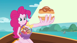 Size: 1280x720 | Tagged: safe, screencap, pinkie pie, equestria girls, equestria girls series, g4, the salty sails, clothes, cupcake, female, food, ocean, pinkie's basket treasure, sailing, ship, solo, swimsuit