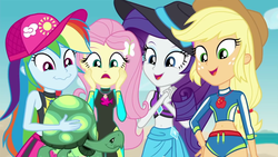 Size: 1280x720 | Tagged: safe, screencap, applejack, fluttershy, rainbow dash, rarity, tank, tortoise, aww... baby turtles, equestria girls, g4, my little pony equestria girls: better together, belly button, clothes, cute, daaaaaaaaaaaw, dashabetes, hand on cheek, hat, hips, jackabetes, midriff, raribetes, shorts, shyabetes, swimsuit, wetsuit