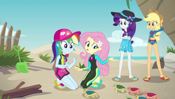 Size: 1280x720 | Tagged: safe, screencap, applejack, fluttershy, rainbow dash, rarity, turtle, aww... baby turtles, equestria girls, g4, my little pony equestria girls: better together, cap, clothes, feet, female, flip-flops, geode of empathy, geode of fauna, geode of shielding, geode of sugar bombs, geode of super speed, geode of super strength, geode of telekinesis, hat, heel pop, magical geodes, rash guard, sandals, sarong, sun hat, swimsuit, wetsuit
