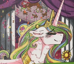 Size: 1279x1110 | Tagged: safe, artist:nightmare-moons-throneroom, discord, princess celestia, pony, g4, blushing, confetti, ethereal mane, eyes closed, female, floppy ears, fluffy, horn, horn jewelry, jewelry, mare, marker drawing, necklace, profile, regalia, smiling, solo, stained glass, starry mane, traditional art