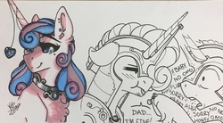 Size: 1280x708 | Tagged: safe, artist:nightmare-moons-throneroom, princess flurry heart, shining armor, alicorn, pony, unicorn, g4, bandaid, bruised, chest fluff, dialogue, ear piercing, earring, father and child, father and daughter, fathers gonna father, female, floppy ears, helmet, horn, horn jewelry, injured, jewelry, male, mare, older, older flurry heart, overprotective, overprotective armor, parent and child, peytral, piercing, simple background, smiling, stallion, tongue out, white background