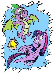 Size: 944x1280 | Tagged: safe, artist:grotezco, spike, twilight sparkle, alicorn, dragon, pony, g4, molt down, crying, female, flying, male, mare, sky, smiling, sun, tears of joy, twilight sparkle (alicorn), winged spike, wings