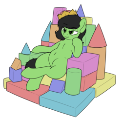 Size: 2795x2728 | Tagged: safe, artist:smoldix, oc, oc only, oc:filly anon, pony, semi-anthro, belly, belly button, blocks, chest fluff, crown, female, filly, fluffy, high res, jewelry, paper crown, raised eyebrow, regalia, simple background, sitting, smiling, smug, solo, throne, transparent background