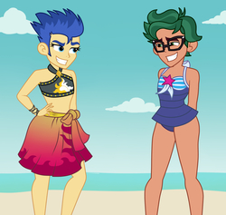 Size: 1900x1800 | Tagged: safe, artist:mashoart, flash sentry, timber spruce, equestria girls, equestria girls series, g4, accessory swap, bikini, cheeky, clothes, crossdressing, eyelashes, false eyelashes, girly sentry, glasses, implied gay, implied sci-twi, implied sunset shimmer, implied twilight sparkle, looking at each other, male, one-piece swimsuit, shit eating grin, smiling, swimsuit, timber femboy