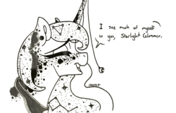 Size: 1280x821 | Tagged: safe, artist:nightmare-moons-throneroom, princess luna, pony, g4, bust, coat markings, constellation, dappled, dialogue, ear piercing, earring, ethereal mane, eyes closed, female, grayscale, horn, horn jewelry, jewelry, lineart, mare, missing accessory, monochrome, open mouth, peytral, piercing, simple background, solo, speech bubble, white background