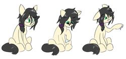 Size: 2800x1318 | Tagged: artist needed, safe, oc, oc only, oc:floor bored, earth pony, pony, female, mare, messy hair, messy mane, sad, scotch tape, simple background, sitting, solo, white background