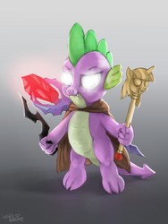 Size: 1200x1600 | Tagged: safe, artist:hardbrony, spike, dragon, g4, bloodstone scepter, cape, clothes, glowing eyes, horn, implied chrysalis, male, scepter, severed horn, solo, twilight scepter