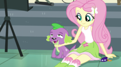 Size: 1280x718 | Tagged: safe, edit, edited screencap, editor:slayerbvc, screencap, fluttershy, spike, spike the regular dog, dog, dance magic, equestria girls, equestria girls specials, g4, accessory-less edit, boots, chin scratch, clothes, female, male, petting, shoes, sitting, skirt, socks, spike's dog collar, tank top
