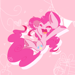 Size: 900x900 | Tagged: safe, artist:jisuppe, pinkie pie, earth pony, pony, g4, balloon, chibi, cute, female, happy, heart, mare, ponk, present, solo, underhoof