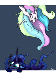 Size: 3703x5125 | Tagged: dead source, safe, artist:greyscaleart, princess celestia, princess luna, alicorn, pony, constellation, constellation freckles, cute, ethereal mane, female, freckles, galaxy mane, lunabetes, mare, messy mane, royal sisters, signature, sisters