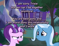 Size: 916x720 | Tagged: safe, edit, starlight glimmer, trixie, pony, unicorn, g4, abuse, background pony strikes again, best pony, crying, drama, female, lesbian, mouthpiece, nasty, op is a duck, op is trying to start shit so badly that it's kinda funny, sad, ship:startrix, shipping, starlight drama, text, trixie's wagon, trixiebuse, worst pony