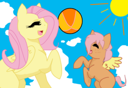 Size: 795x551 | Tagged: safe, artist:killingkisa, fluttershy, oc, pegasus, pony, g4, art trade, ball, base used, blank flank, cloud, duo, eyes closed, female, filly, fluttermom, freckles, mare, missing cutie mark, mother and daughter, offspring, parent:big macintosh, parent:fluttershy, parents:fluttermac, sky, sun, sunshine