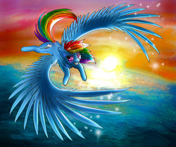 Size: 1280x1068 | Tagged: safe, artist:tillie-tmb, rainbow dash, pegasus, pony, g4, female, flying, large wings, mare, scenery, sky, solo, sparkles, sun, sunrise, sunset, traditional art, wings