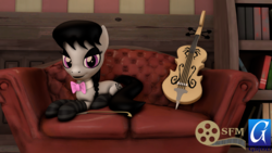 Size: 1920x1080 | Tagged: safe, artist:dracagon, octavia melody, earth pony, pony, g4, 3d, black socks, book, bookshelf, bow (instrument), cello, cello bow, clothes, couch, eyeshadow, female, goth, makeup, mare, musical instrument, prone, socks, solo, striped socks